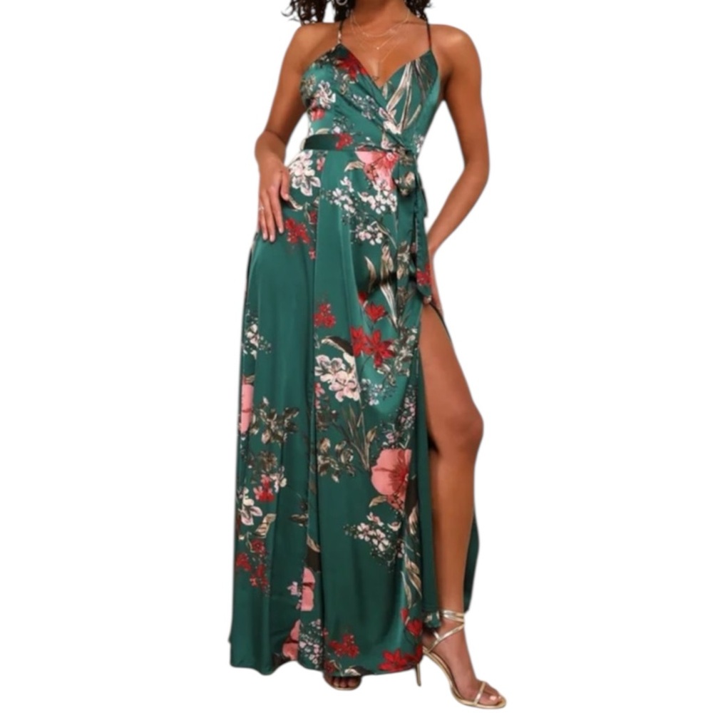 NWT Lulus Still the One‎ Emerald Green Floral Print Satin Maxi Dress S